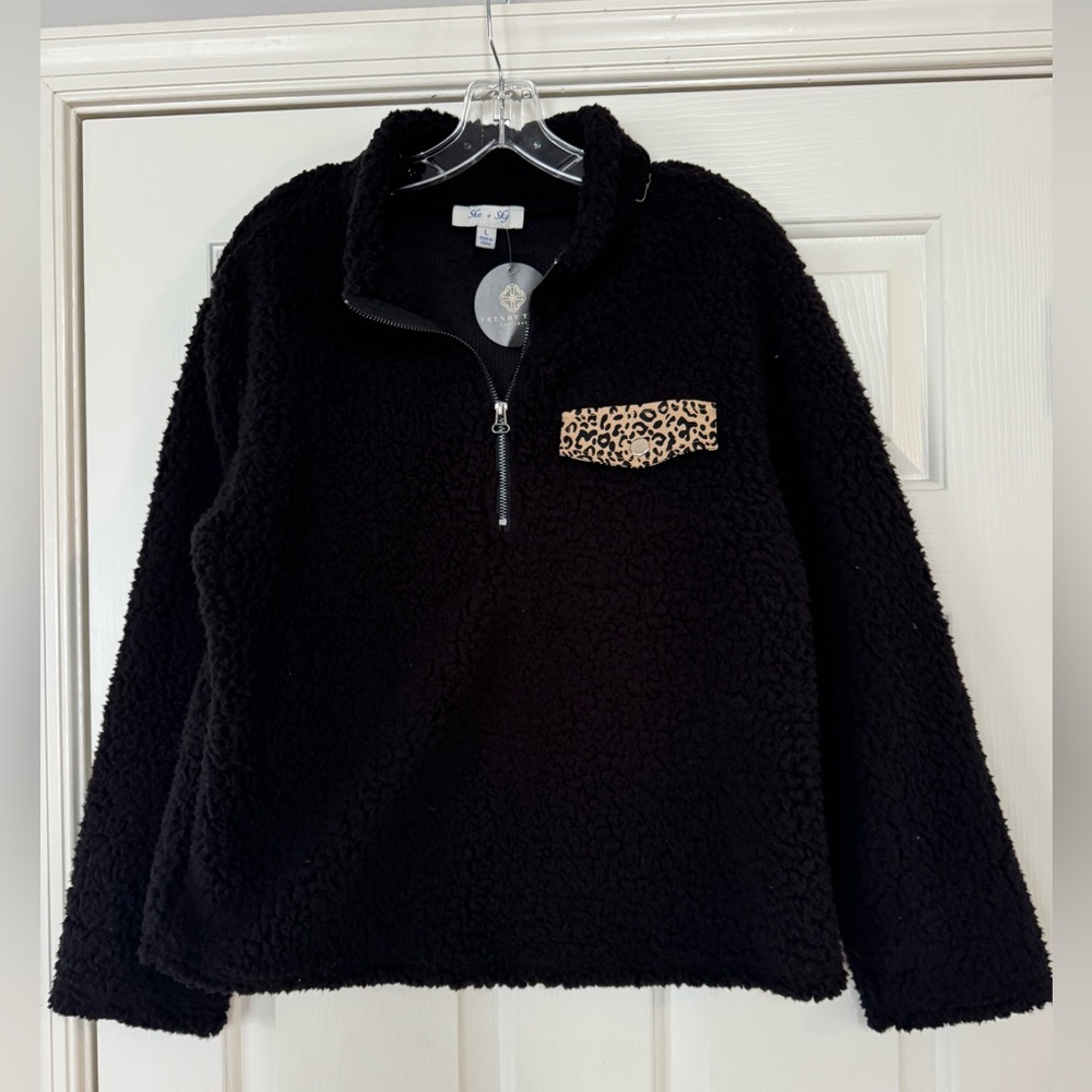 She + Sky Black Teddy Jacket with Leopard Pocket Accent